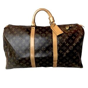 LOUIS VUITTON LV 50 Monogram Keepall Bandolier Boston Duffel Travel Bag MB8906